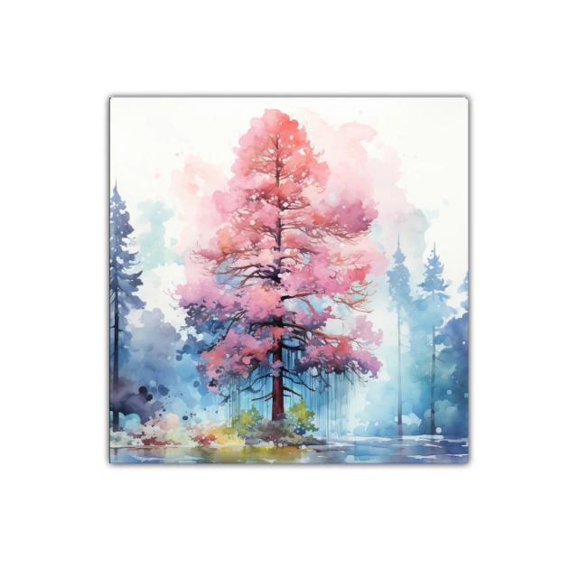 Árbol en tonos rosas vibrantes con fondo de bosque azul