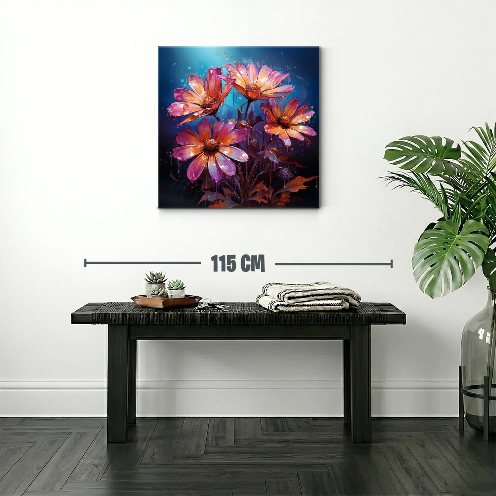 Cuadro floral vibrante con tonos cálidos y fondo azul oscuro — miniatura 2