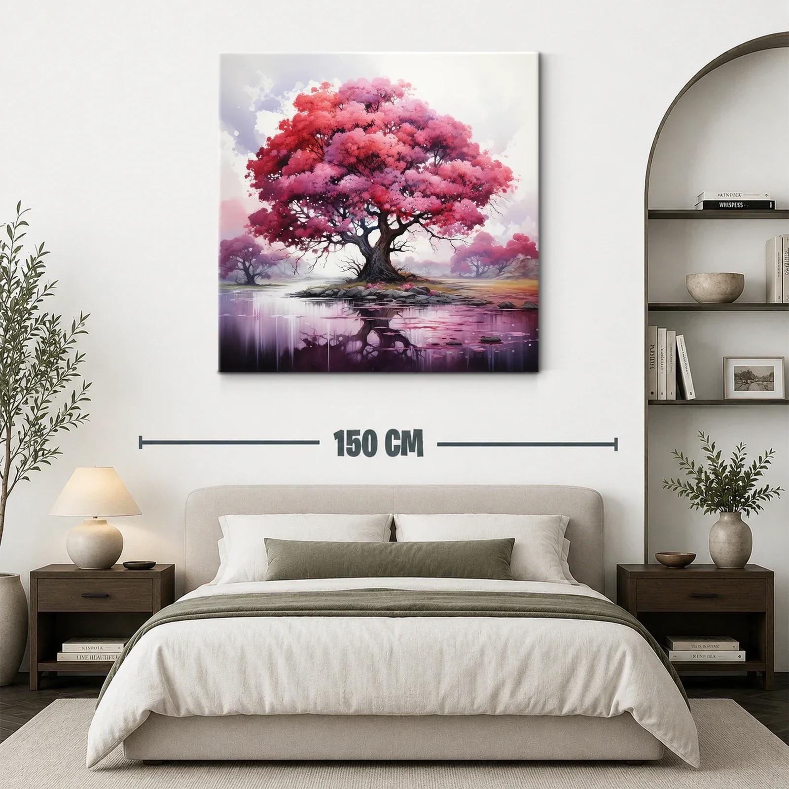 Árbol rosa con reflejo en lago sereno y místico — miniatura 3