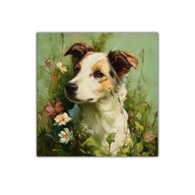 Retrato delicado de perro rodeado de flores naturales