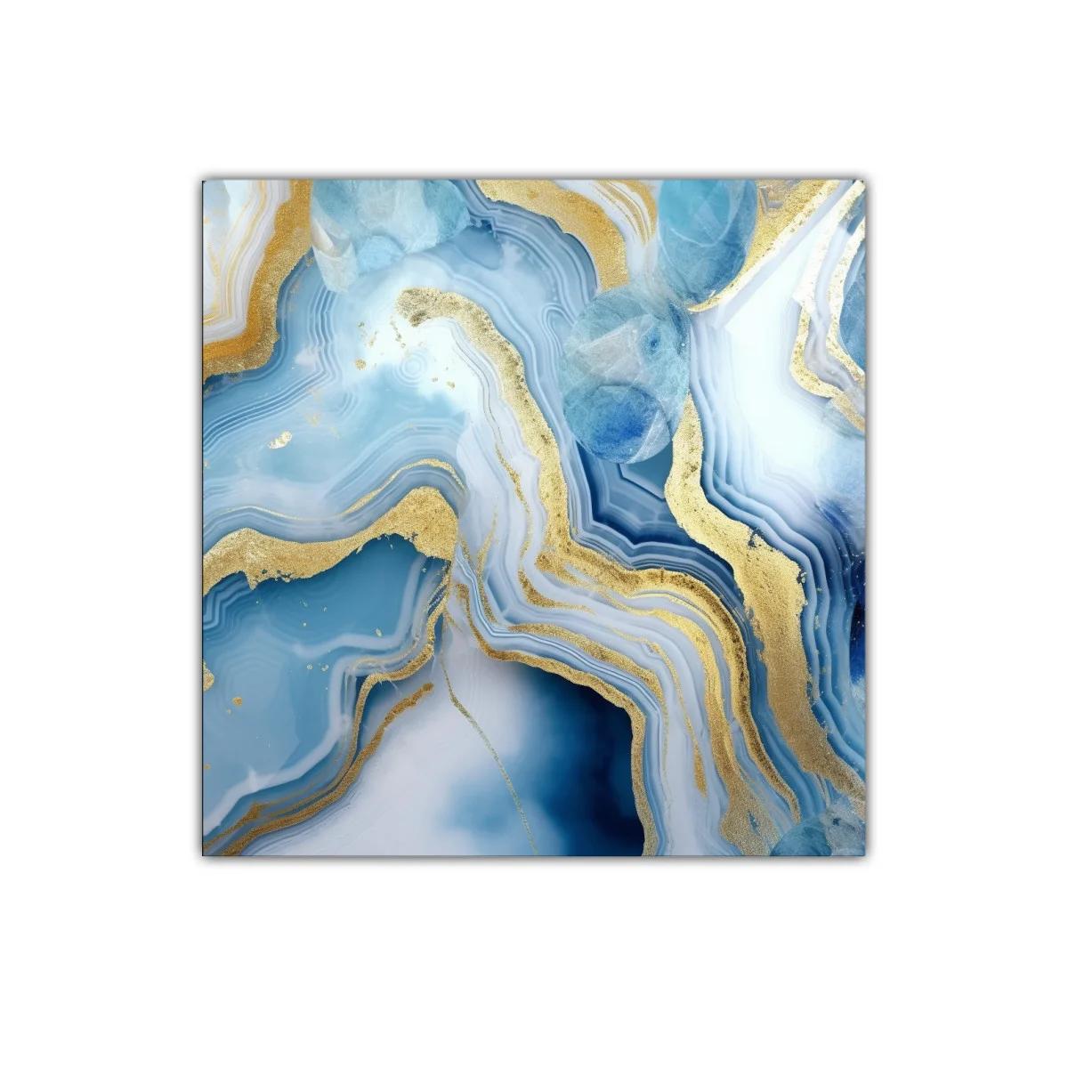 Cuadro abstracto con vetas azules y doradas vibrantes — imagen principal