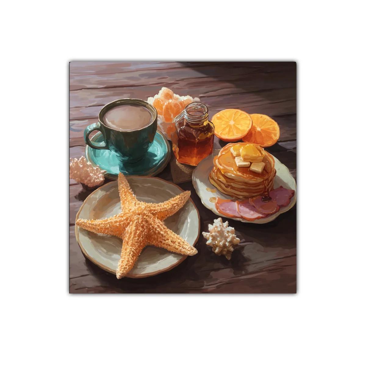 Desayuno costero con tonos cálidos y detalles marinos — imagen principal