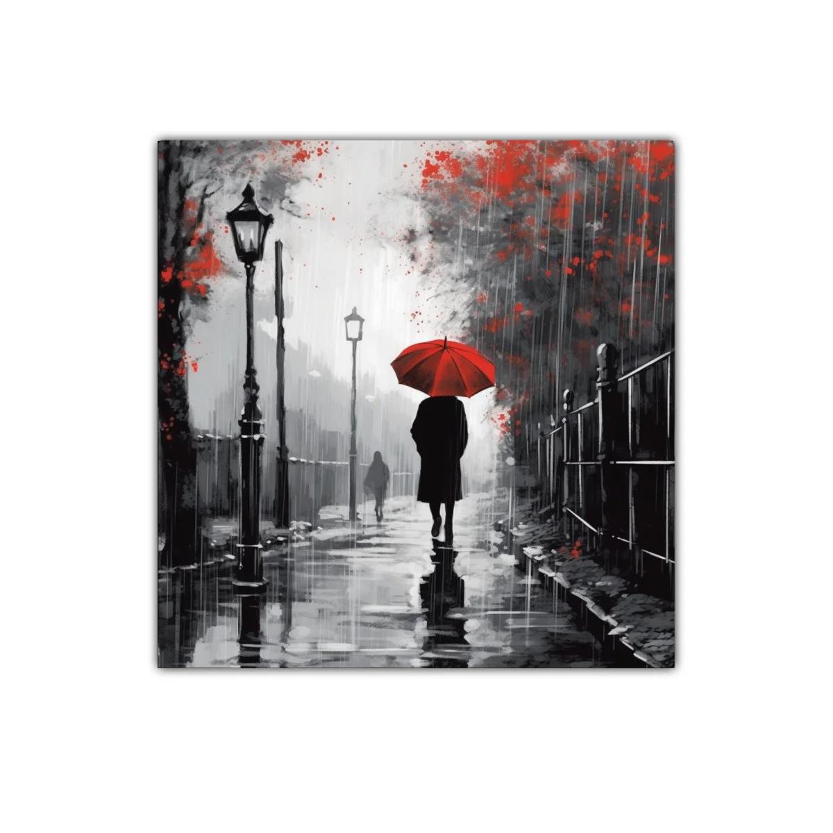 Camino bajo la lluvia con paraguas rojo brillante — imagen principal