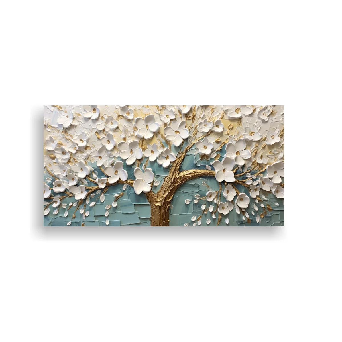 Cuadro árbol en flor blanco con ramas doradas