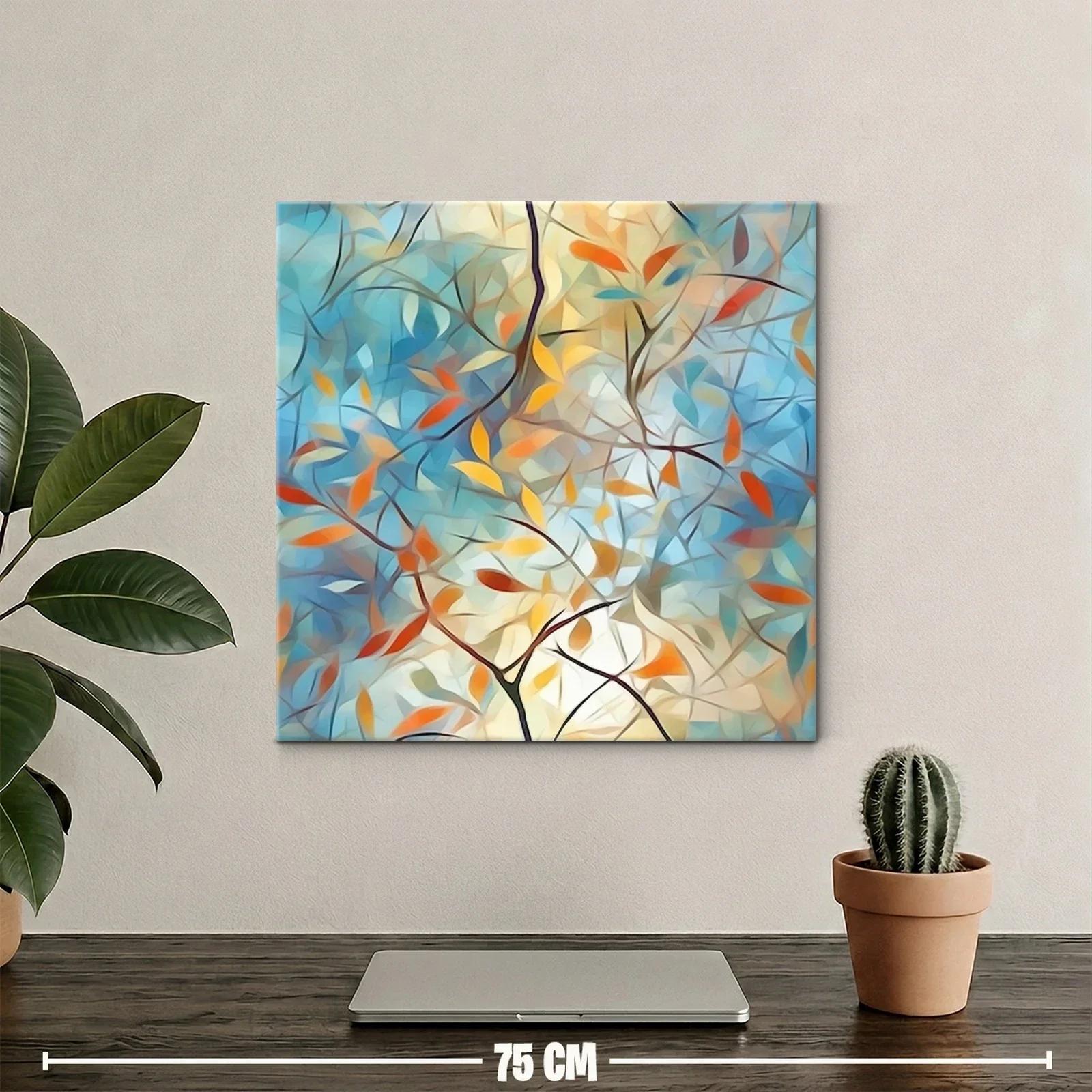 Cuadro abstracto con ramas y hojas en tonos cálidos y azules — miniatura 2