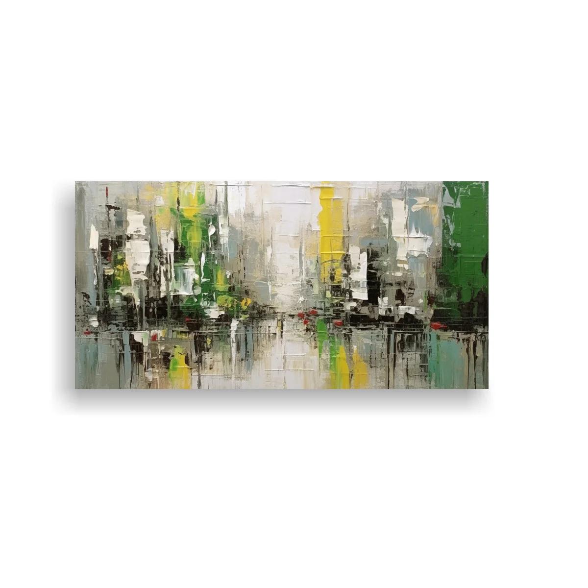 Cuadro paisaje urbano abstracto con reflejos espejados y acentos