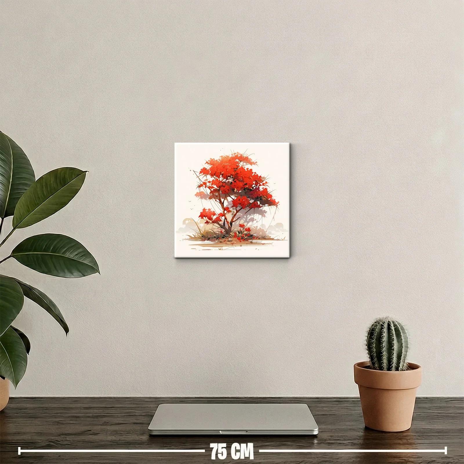 Árbol con flores rojas en paisaje minimalista y cálido — miniatura 2