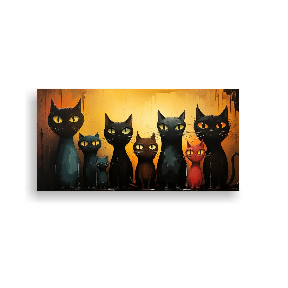 Cuadro gatos negros con ojos amarillos y brillo anaranjado