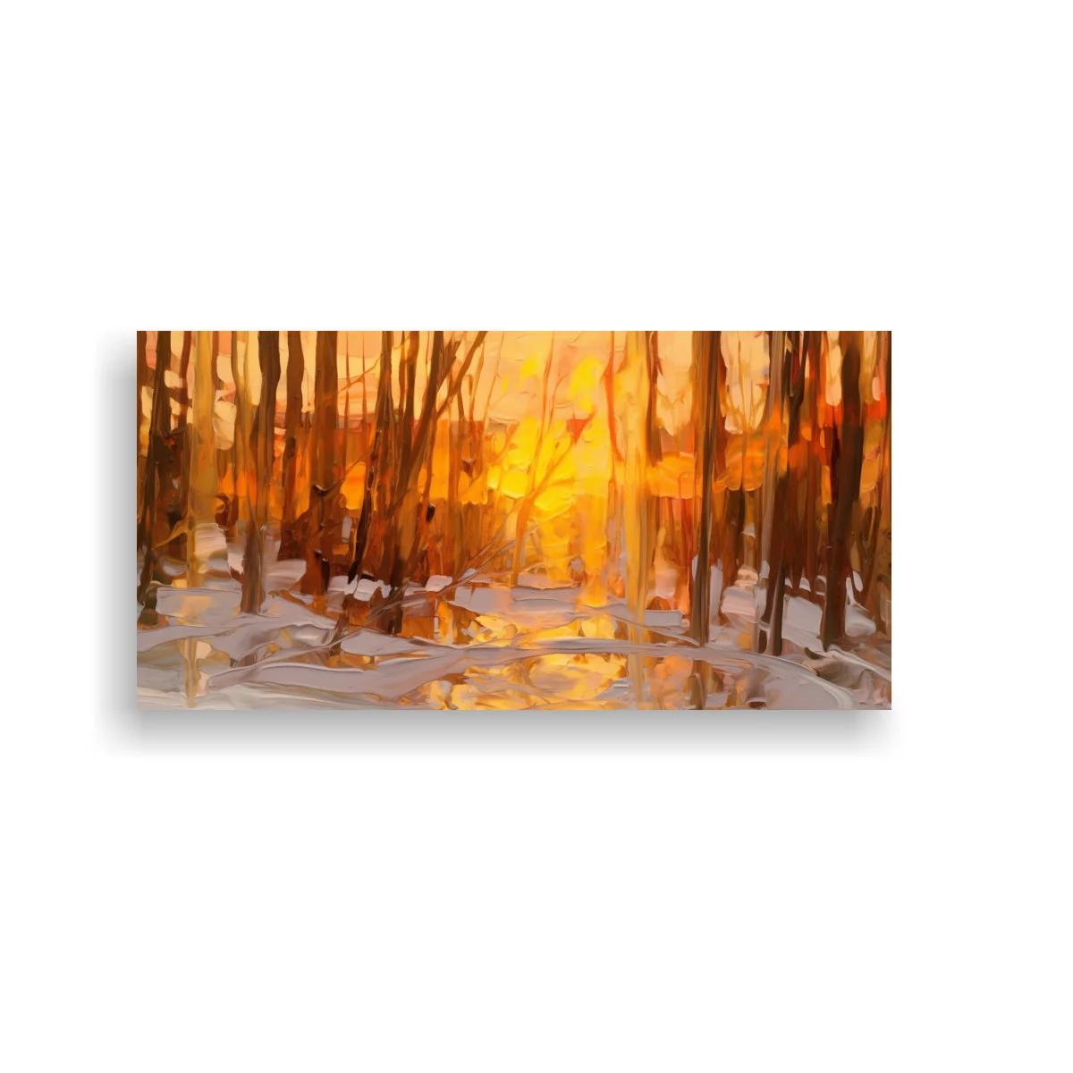 Cuadro bosque de abedules al atardecer con reflejos dorados
