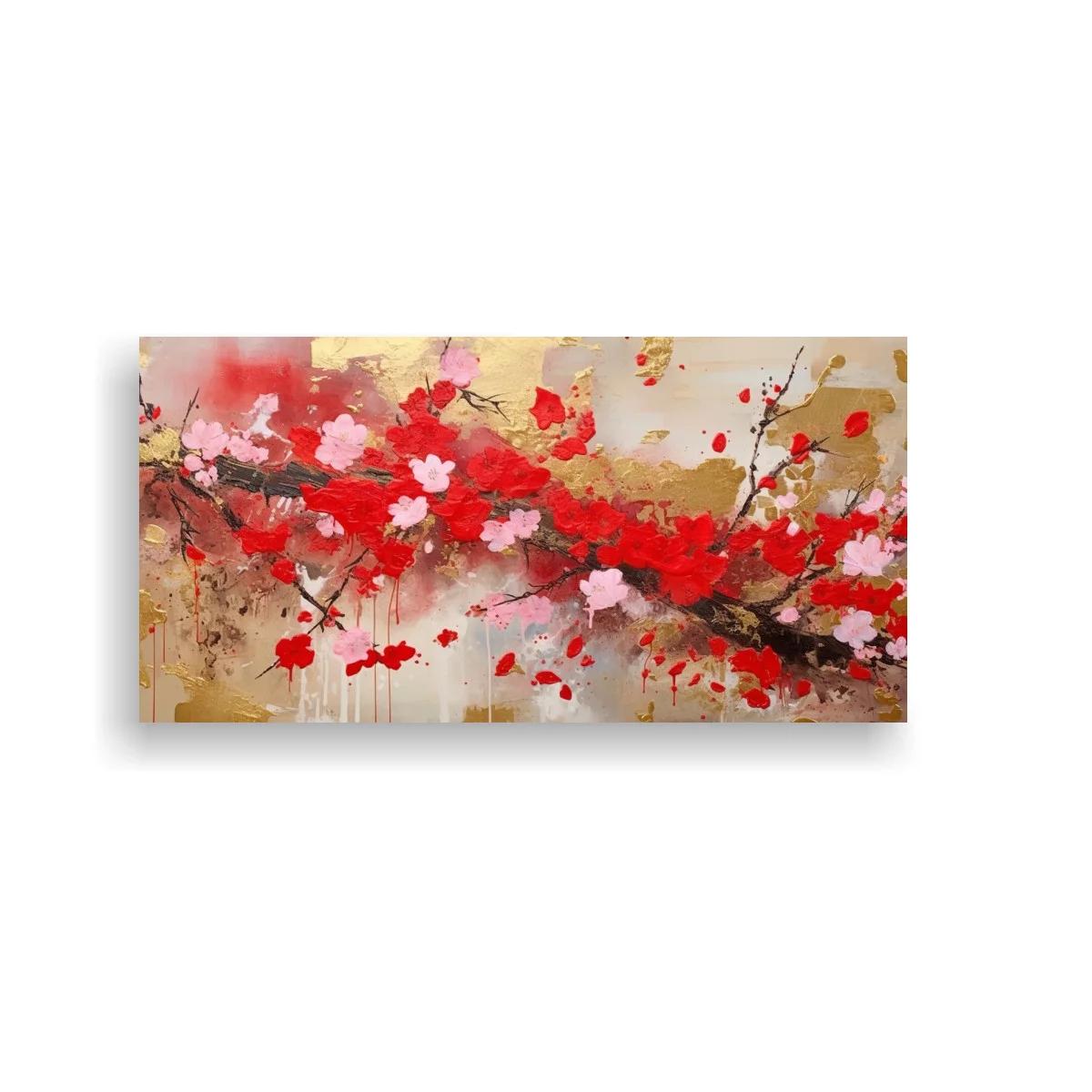 Cuadro rama de flores rojas en formato panorámico