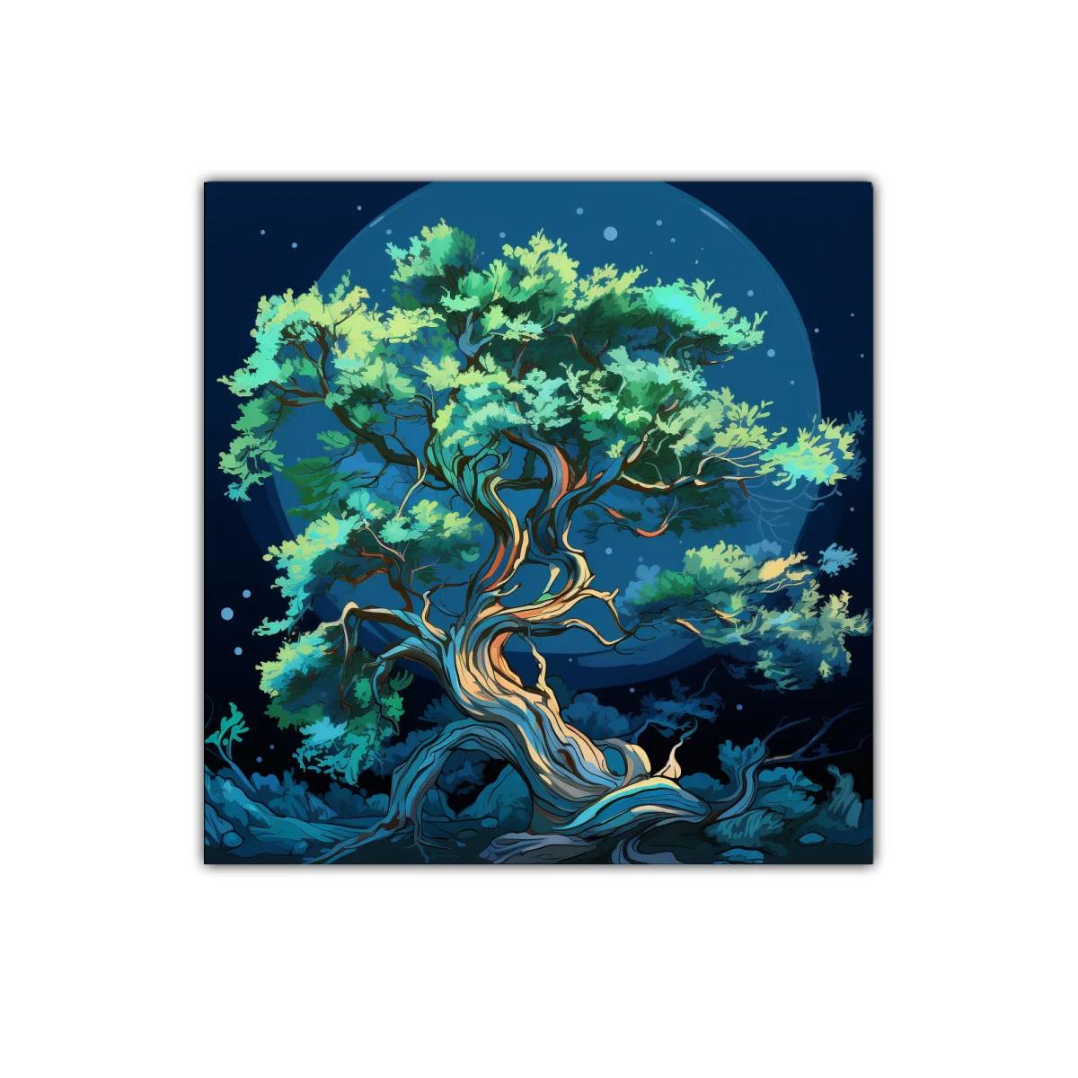 Árbol nocturno con luces mágicas y tonos azules y verdes — imagen principal