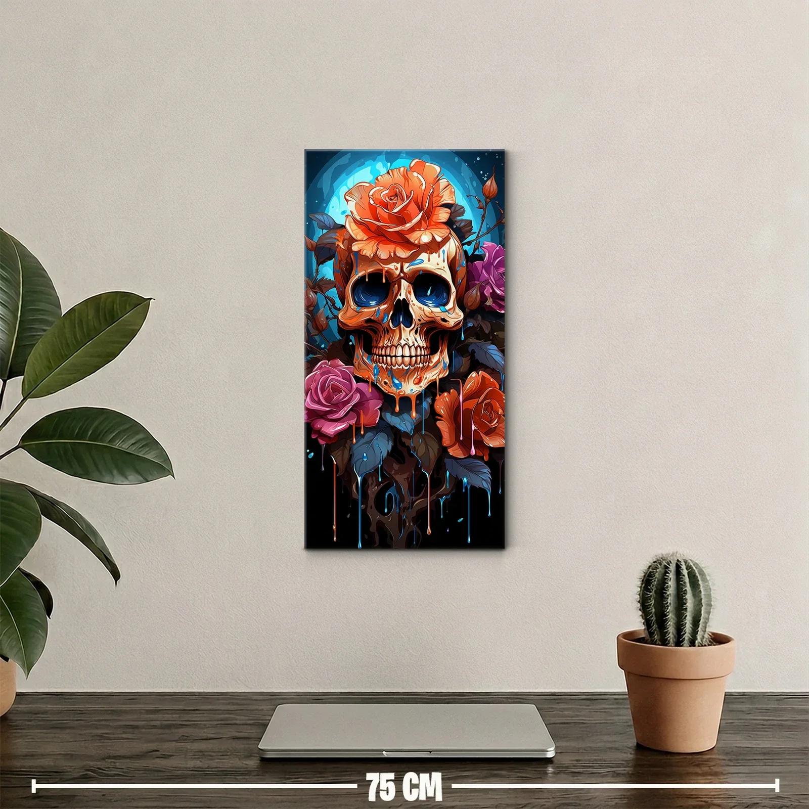 Cuadro calavera con rosas y fondo turquesa — miniatura 2