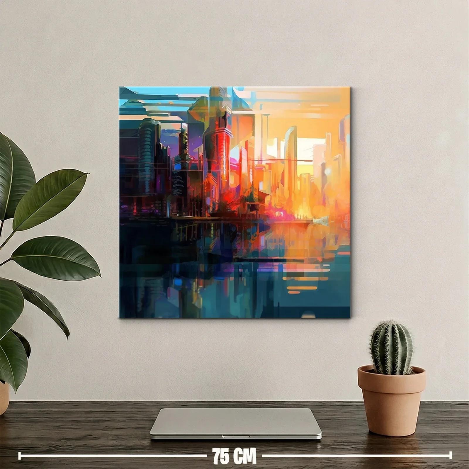 Atardecer vibrante sobre ciudad futurista y su reflejo — miniatura 2