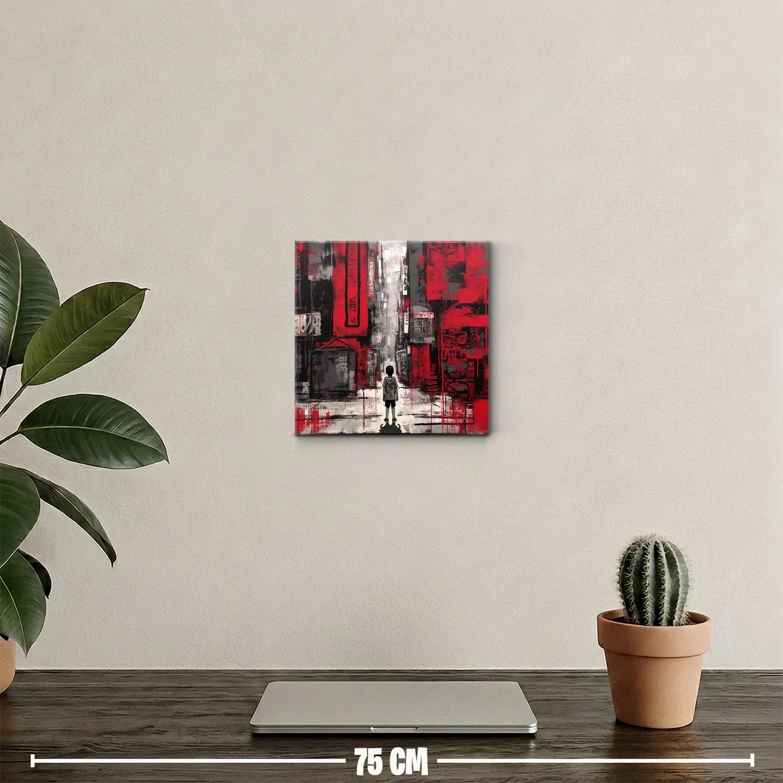 Escena urbana con niño en tonos rojos y grises vibrantes — miniatura 2