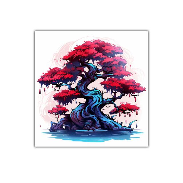 Árbol místico con follaje rojo vibrante y tronco azul intenso