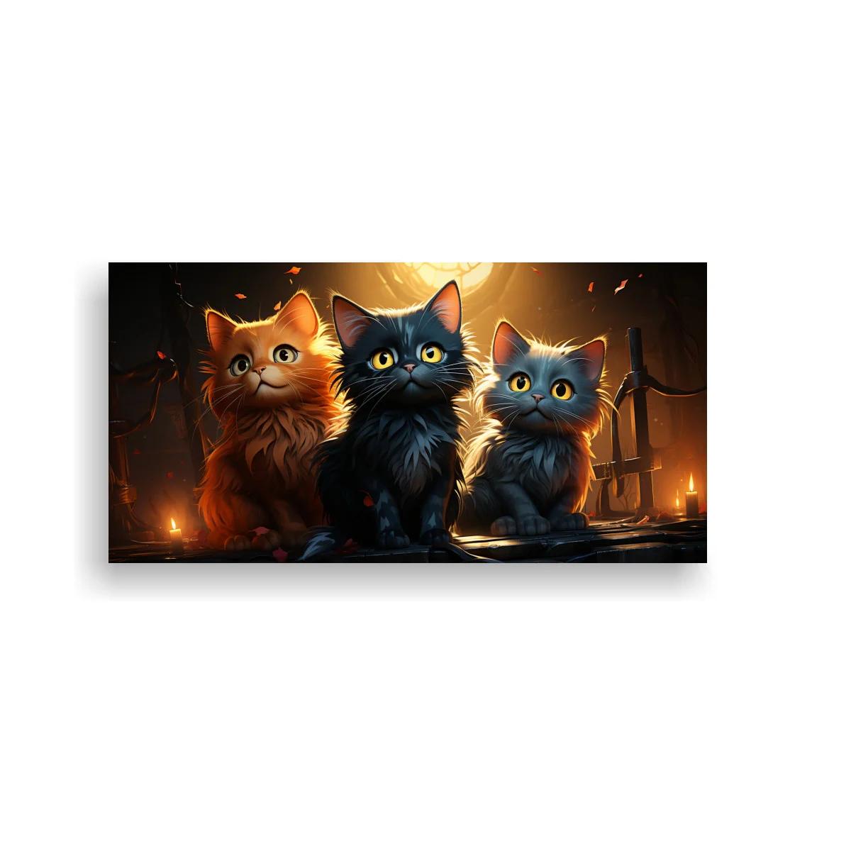 Cuadro tres gatos de ojos grandes con halo luminoso