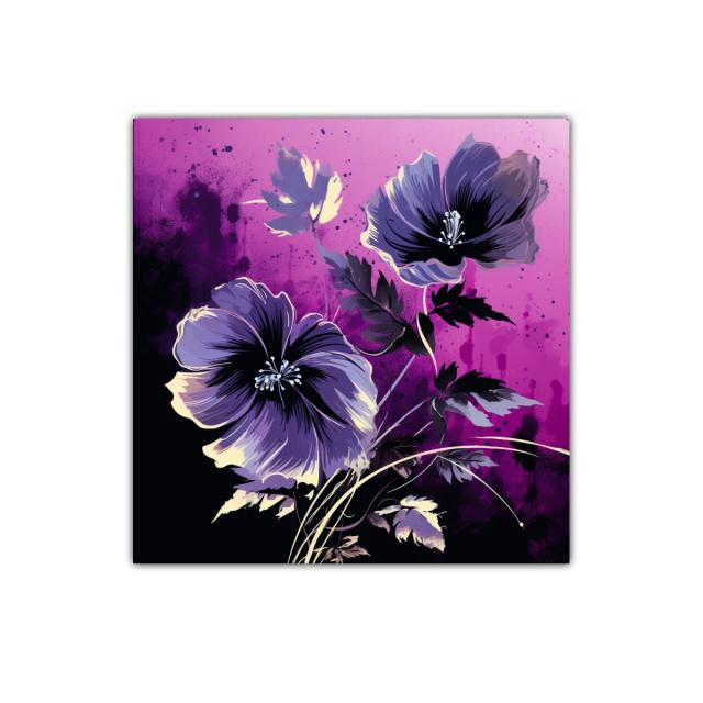 Cuadro floral con flores púrpuras sobre fondo vibrante