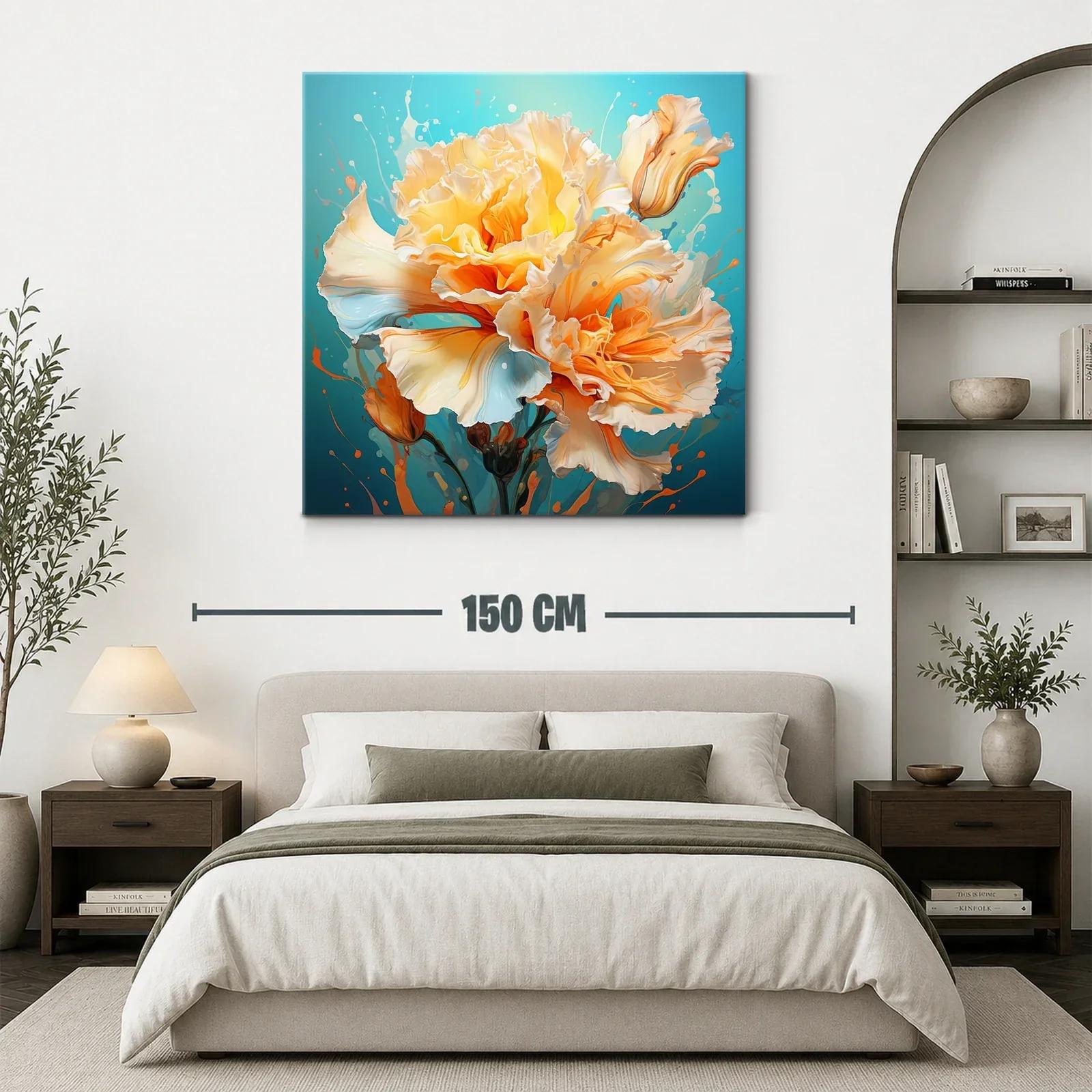 Cuadro floral vibrante en tonos cálidos y fondo azul — miniatura 3