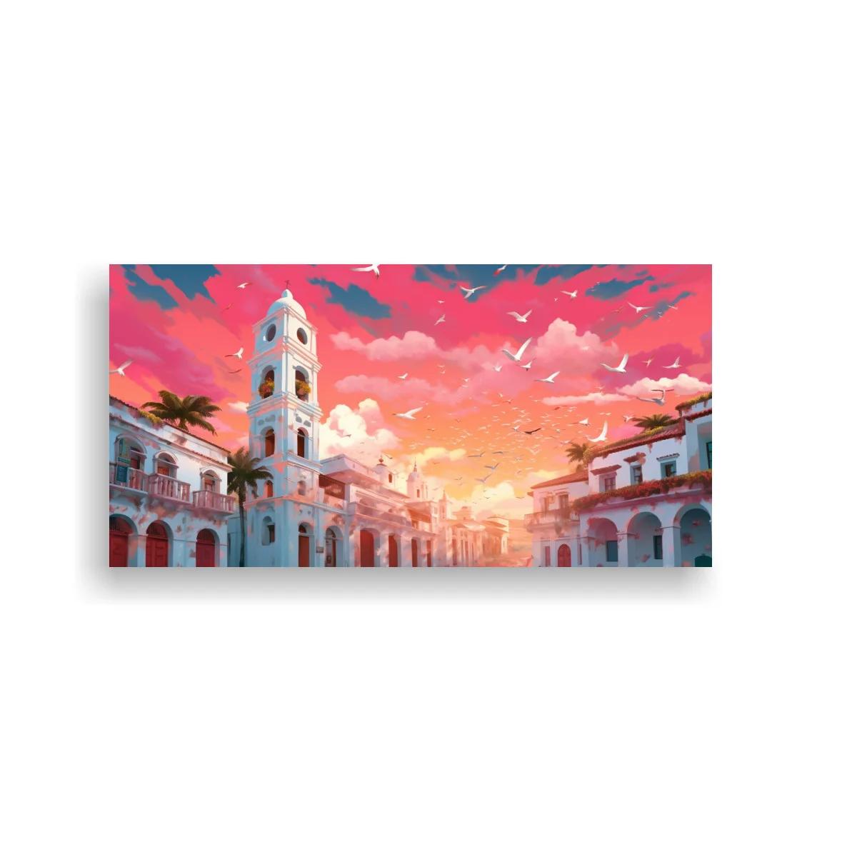 Cuadro calle colonial con campanario y atardecer rosado