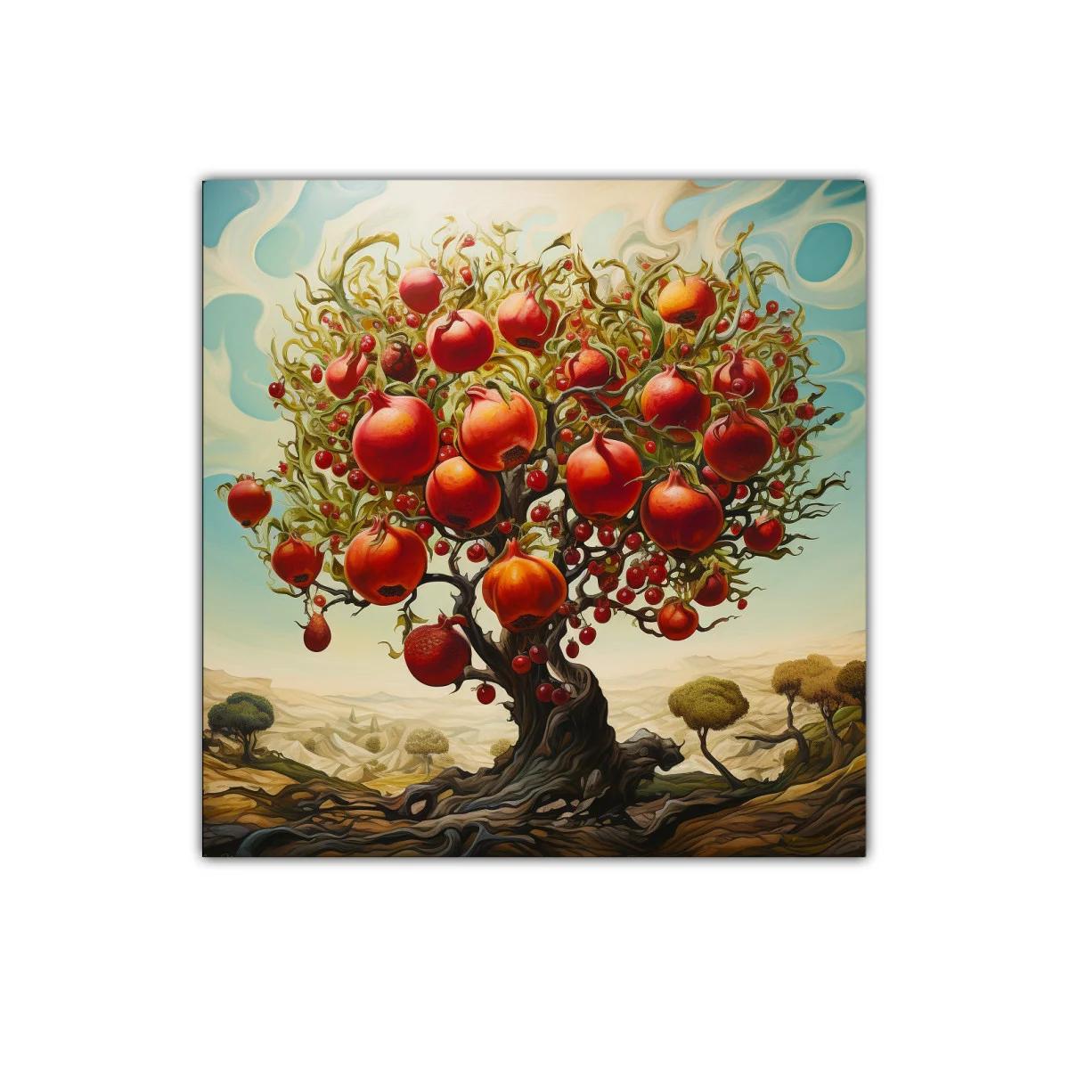 Árbol de granadas con paisaje surrealista y tonos cálidos