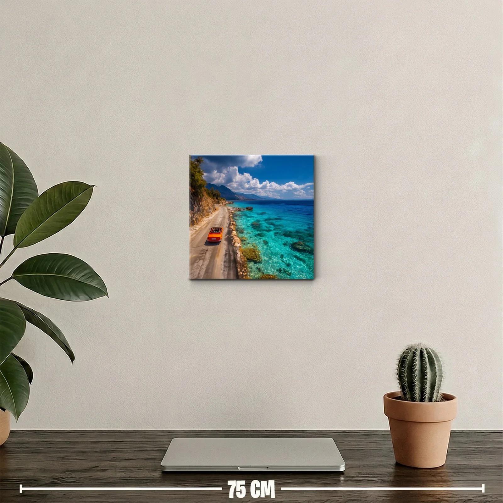 Paisaje costero con coche rojo y mar turquesa brillante — miniatura 2