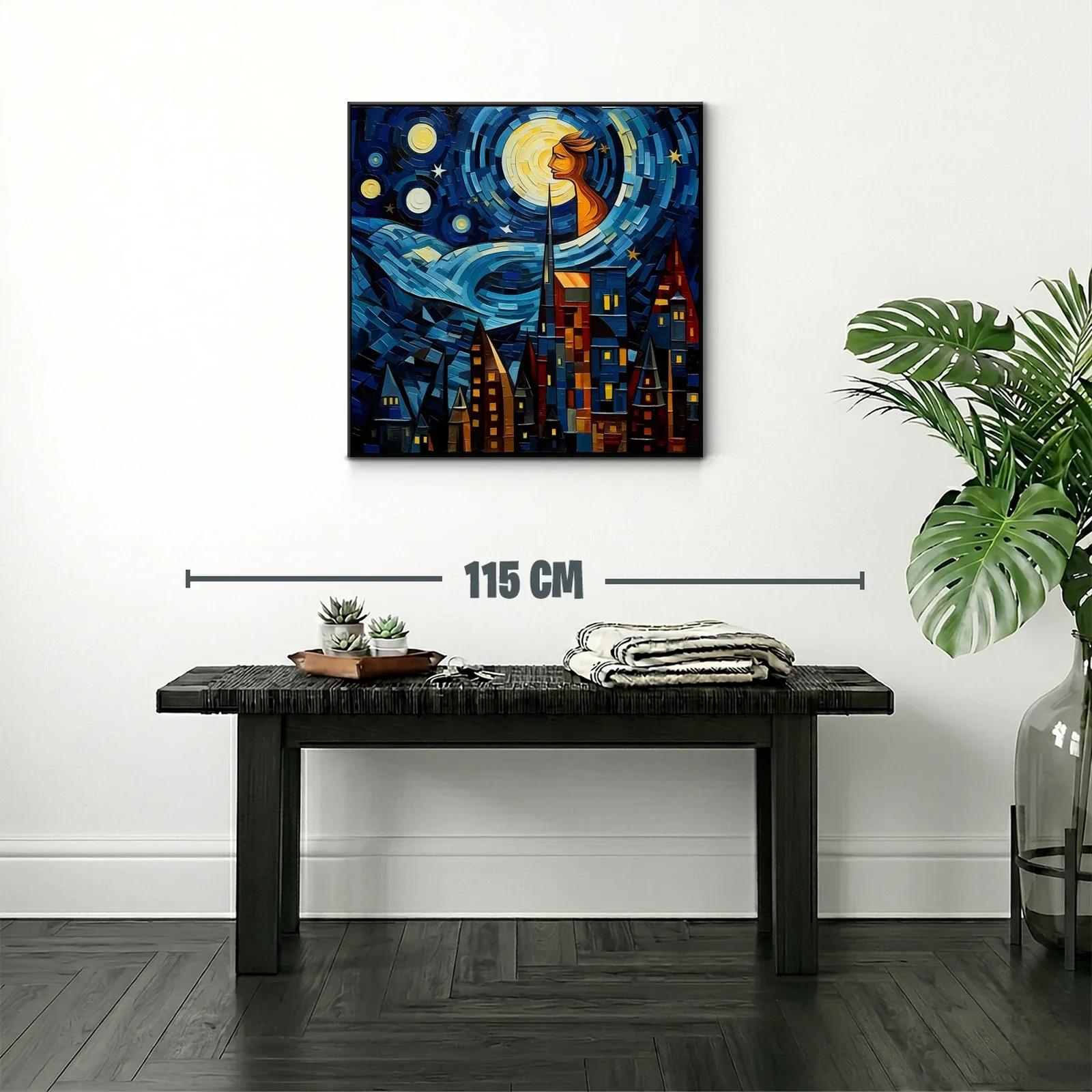 Paisaje urbano bajo un cielo estrellado con figura luminosa — miniatura 2