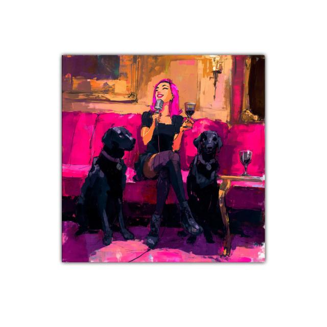 Divertida escena nocturna con mujer y perros en tonos fucsia