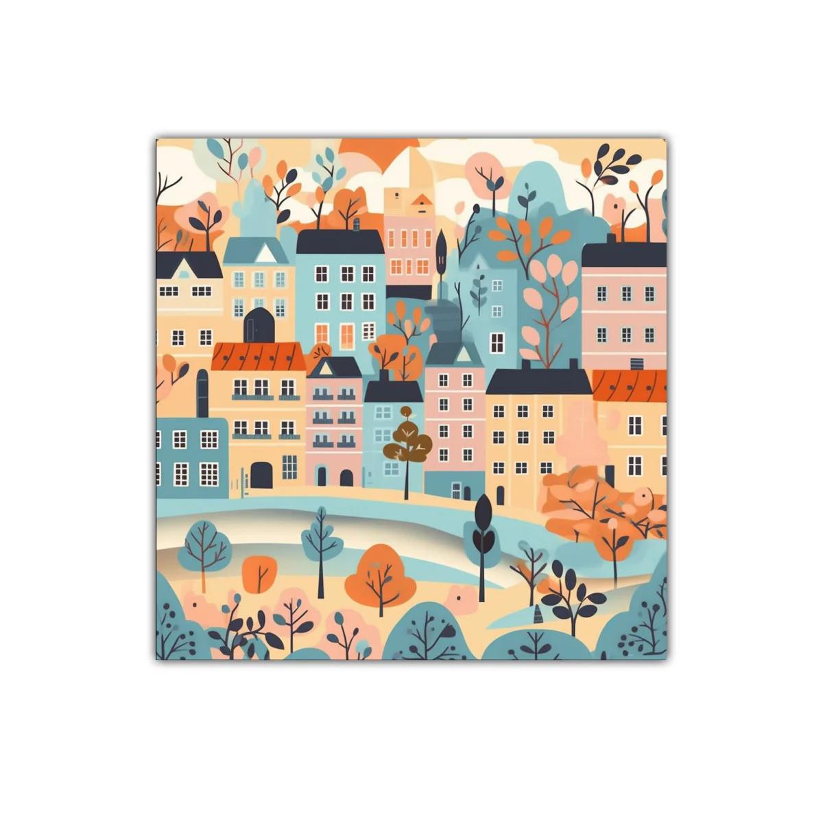 Paisaje urbano colorido con casas y árboles estilizados