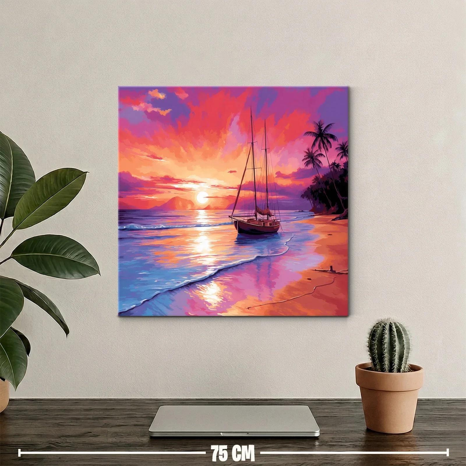 Atardecer vibrante con velero y palmeras en la playa — miniatura 2