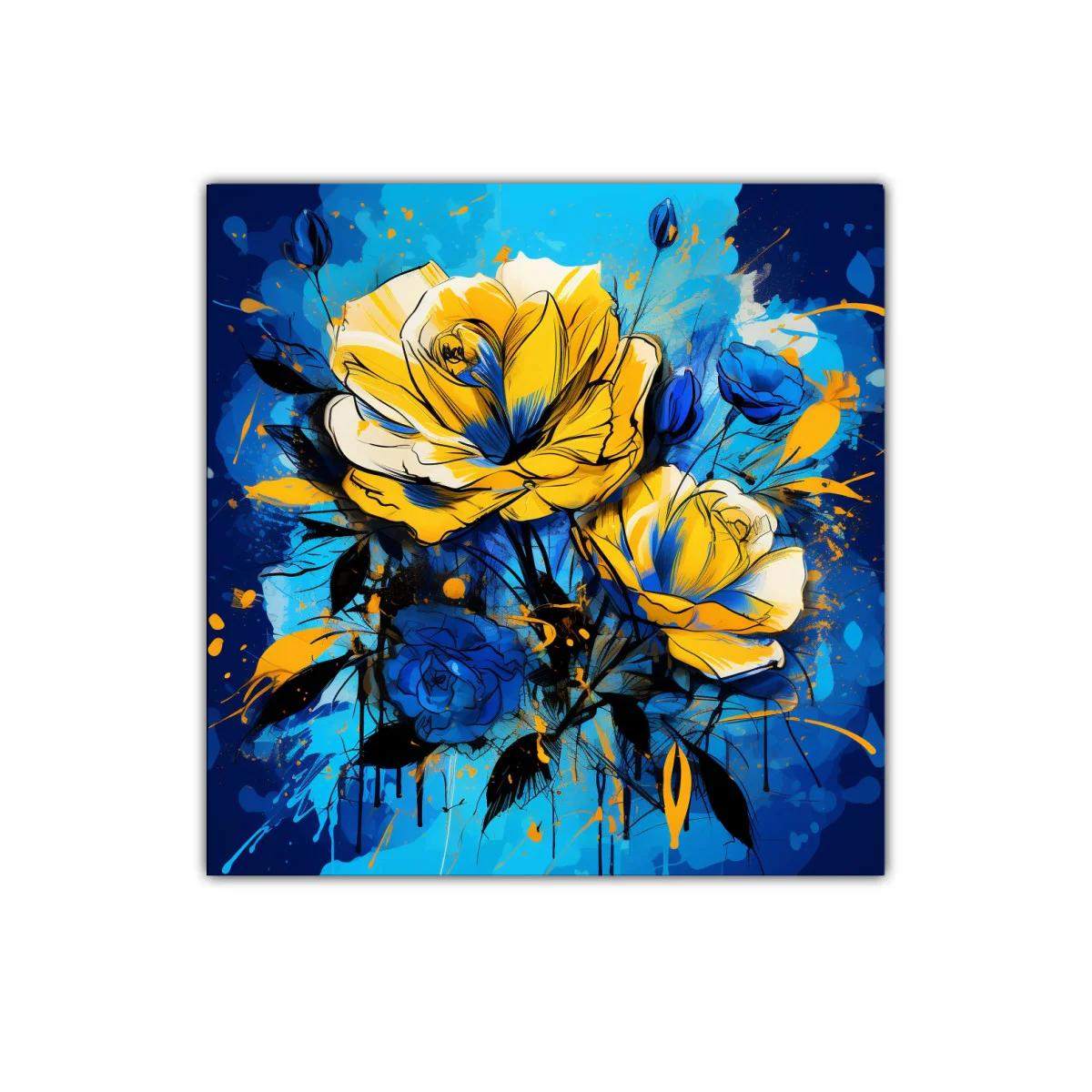 Cuadro floral vibrante con rosas en tonos azules y amarillos — imagen principal