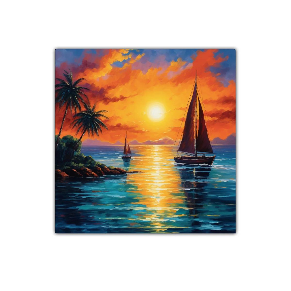 Atardecer en la costa con velero y palmeras tropicales