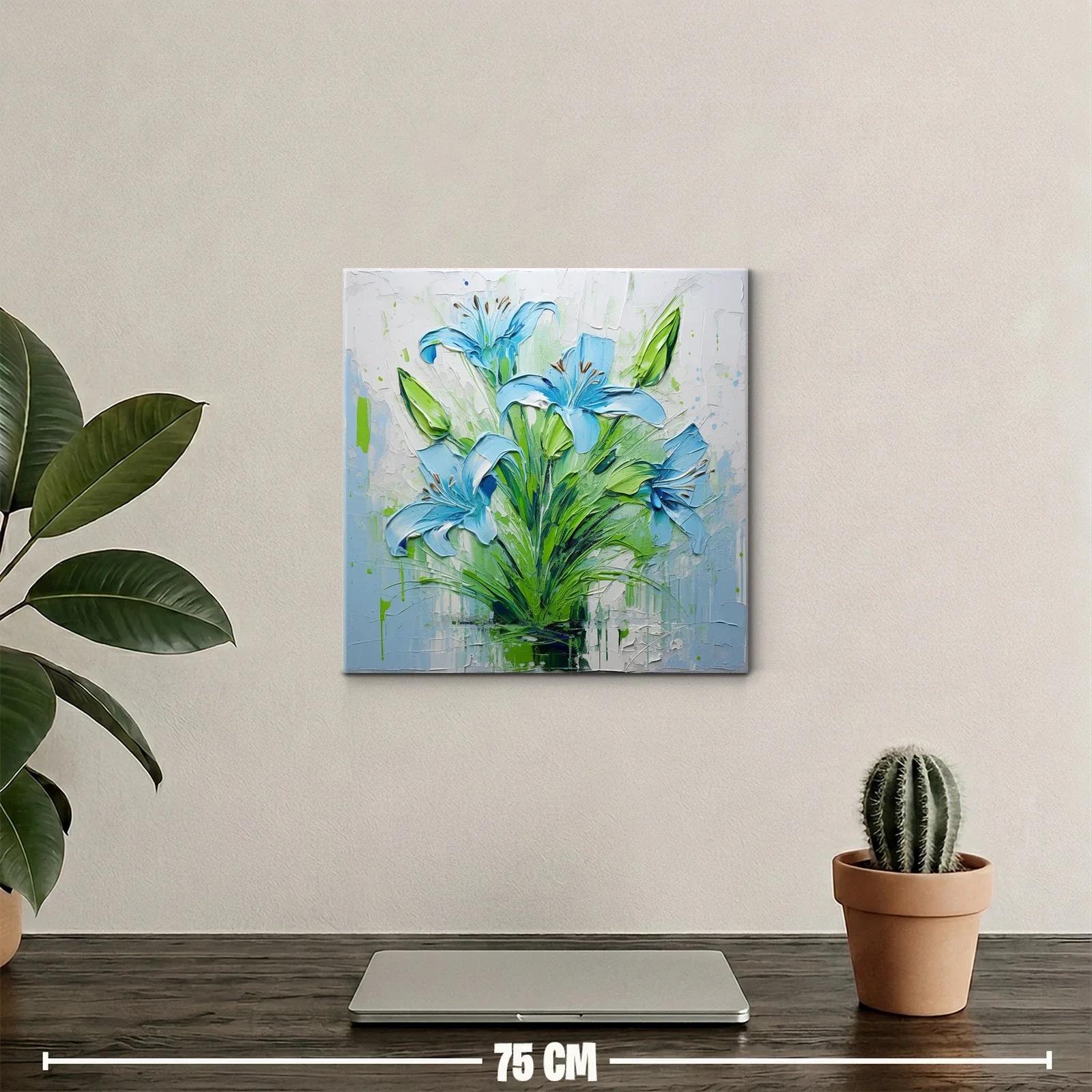 Cuadro floral intenso con lirios azules y verdes vibrantes — miniatura 2