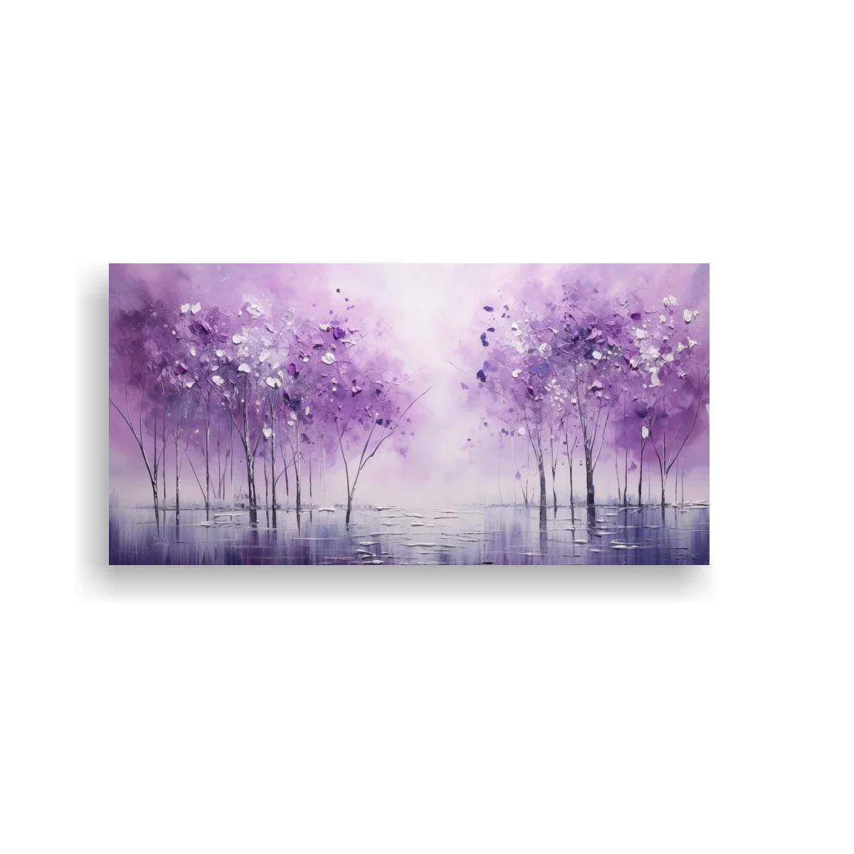 Cuadro bosque de árboles lilas reflejadas sobre agua calma