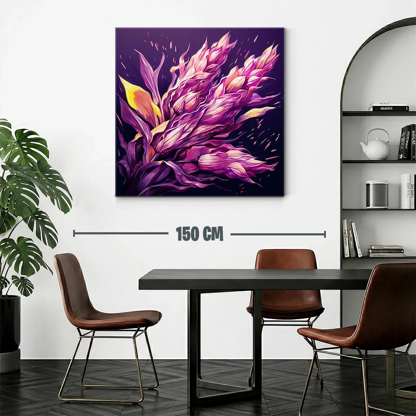 Cuadro floral vibrante con tonos púrpuras y amarillos — miniatura 2