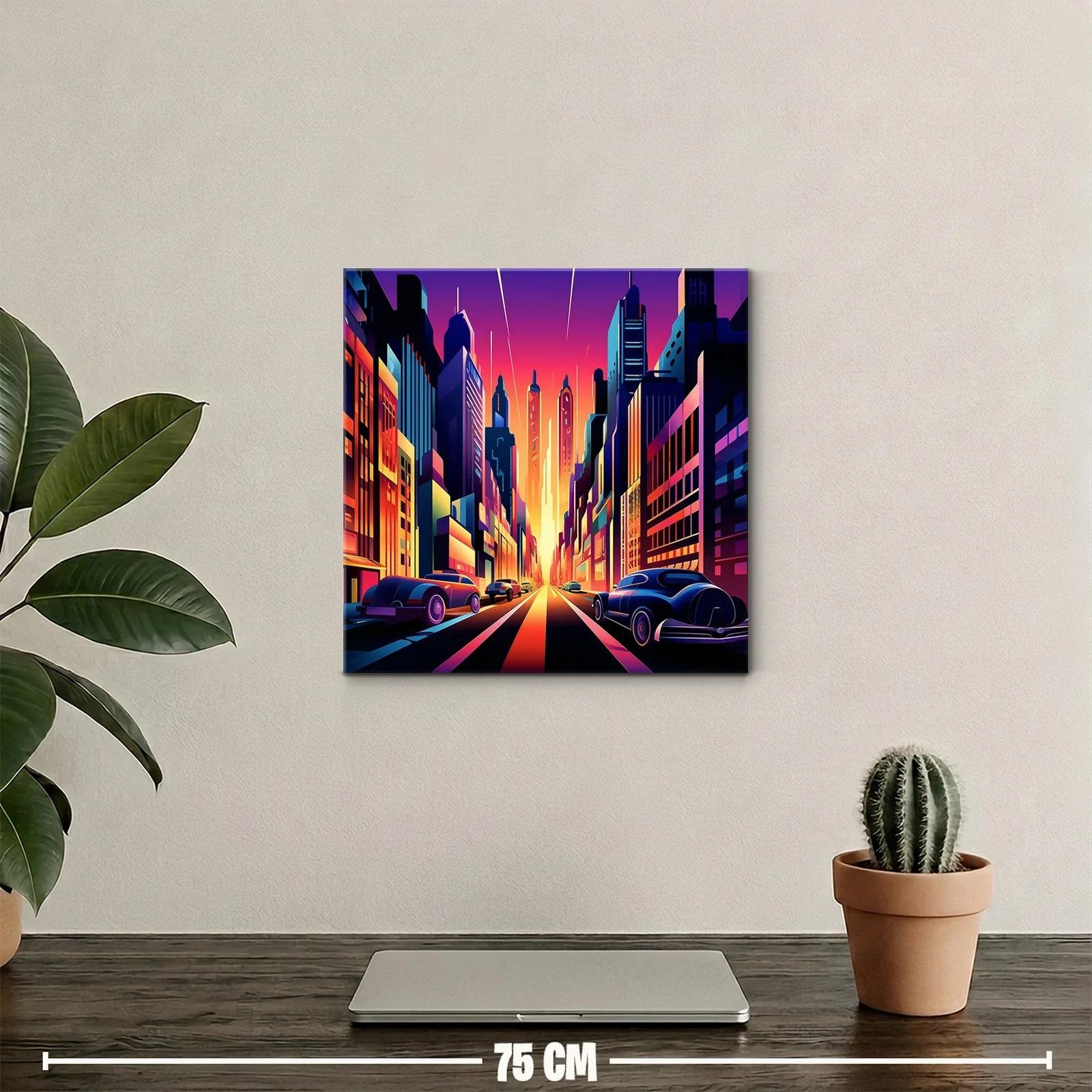 Atardecer vibrante en ciudad futurista con coches clásicos — miniatura 2