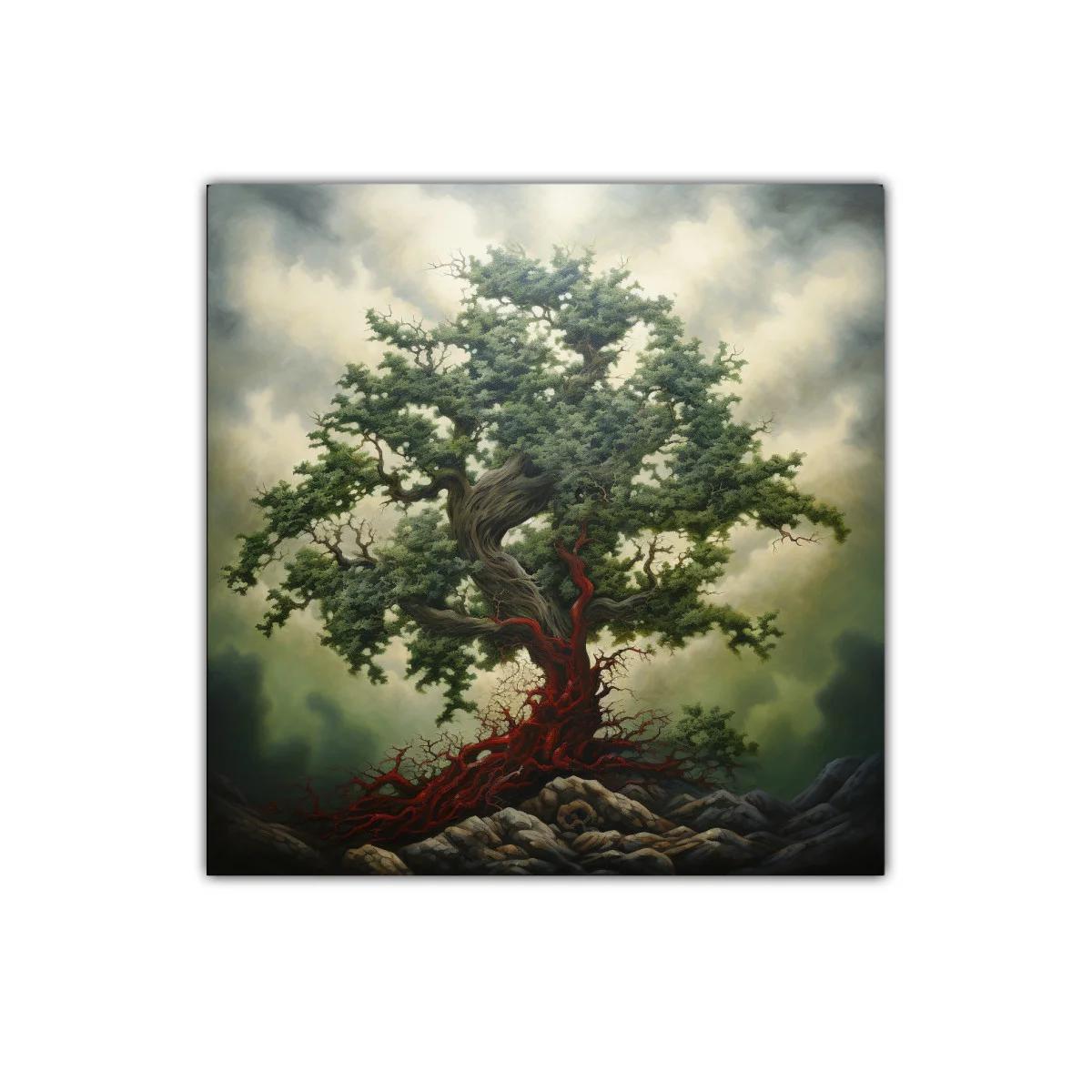 Árbol Imponente con Raíces Escarlata en Paisaje Dramático — imagen principal