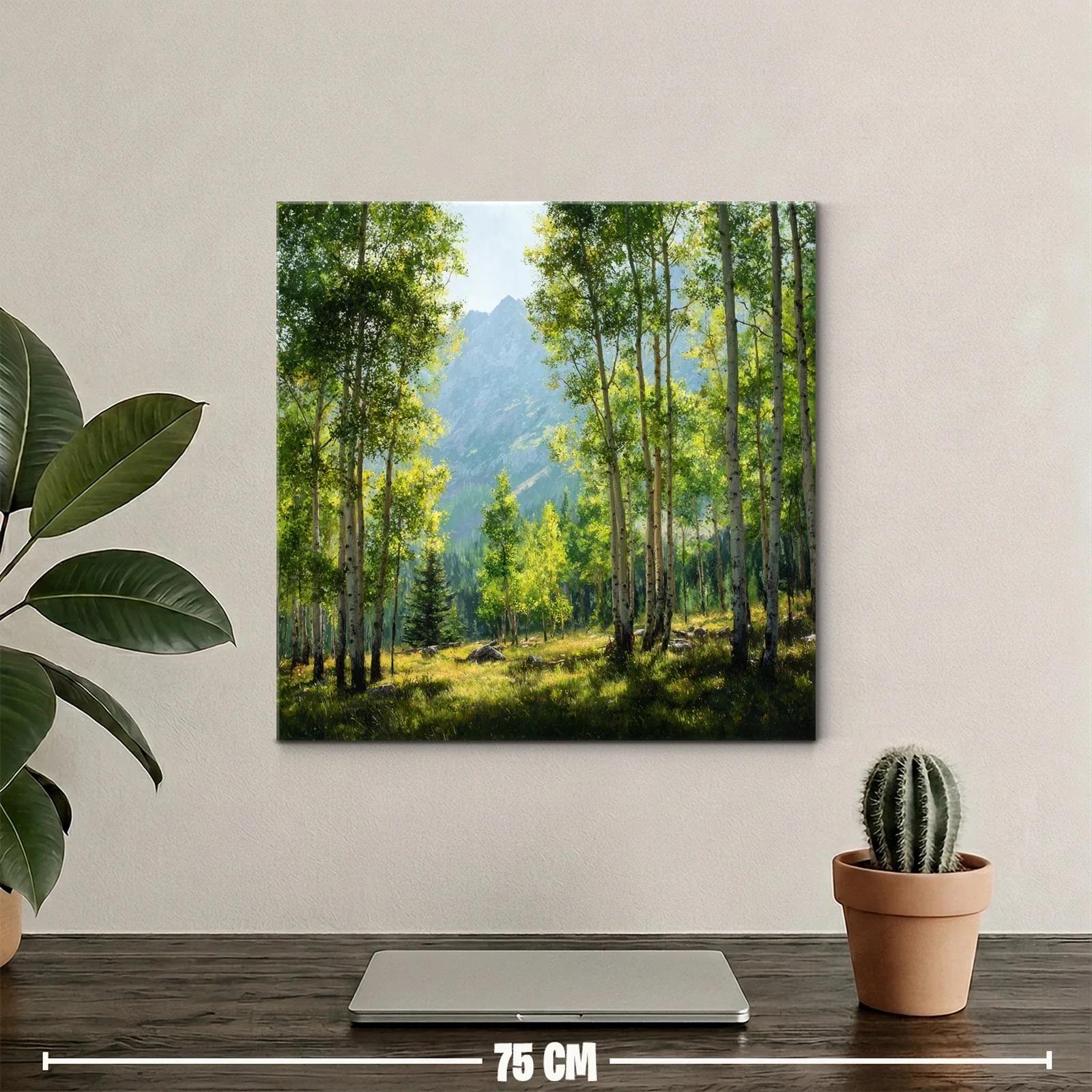 Bosque iluminado con montañas al fondo en tonos verdes y azules — miniatura 2