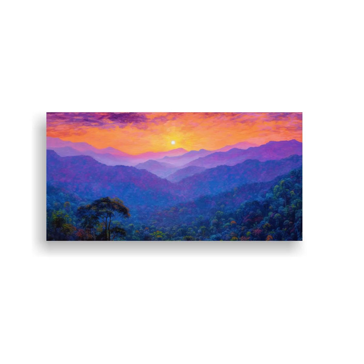 Cuadro paisaje de montañas al atardecer con laderas boscosas