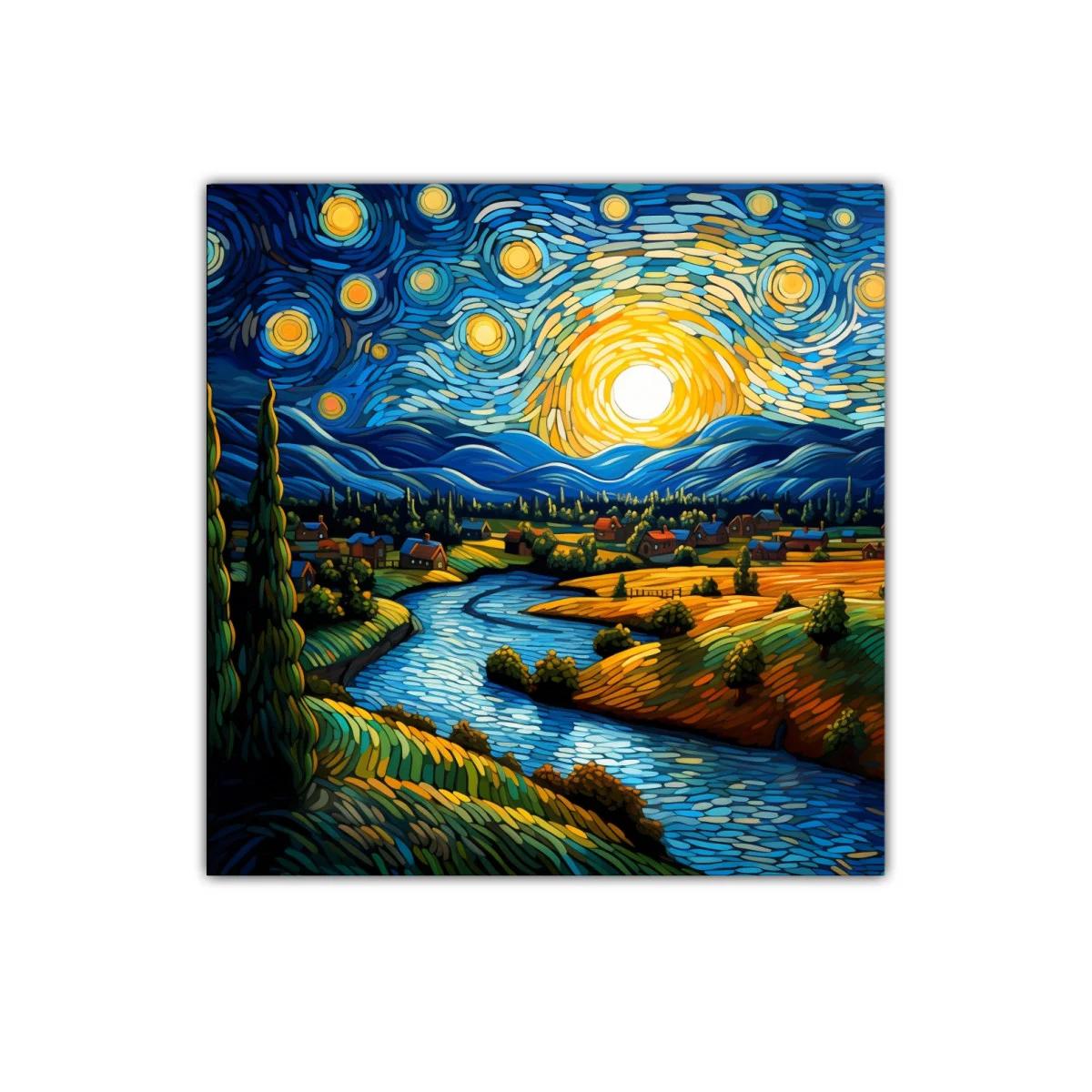Paisaje nocturno vibrante con río y cielo estrellado — miniatura 1