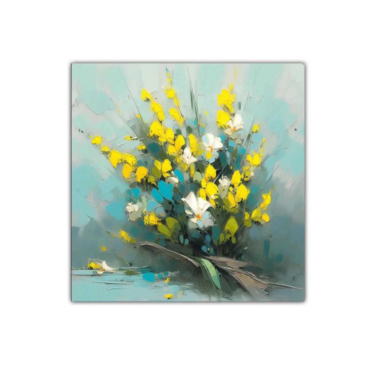 Ramo vibrante con flores amarillas y blanco sobre fondo azul