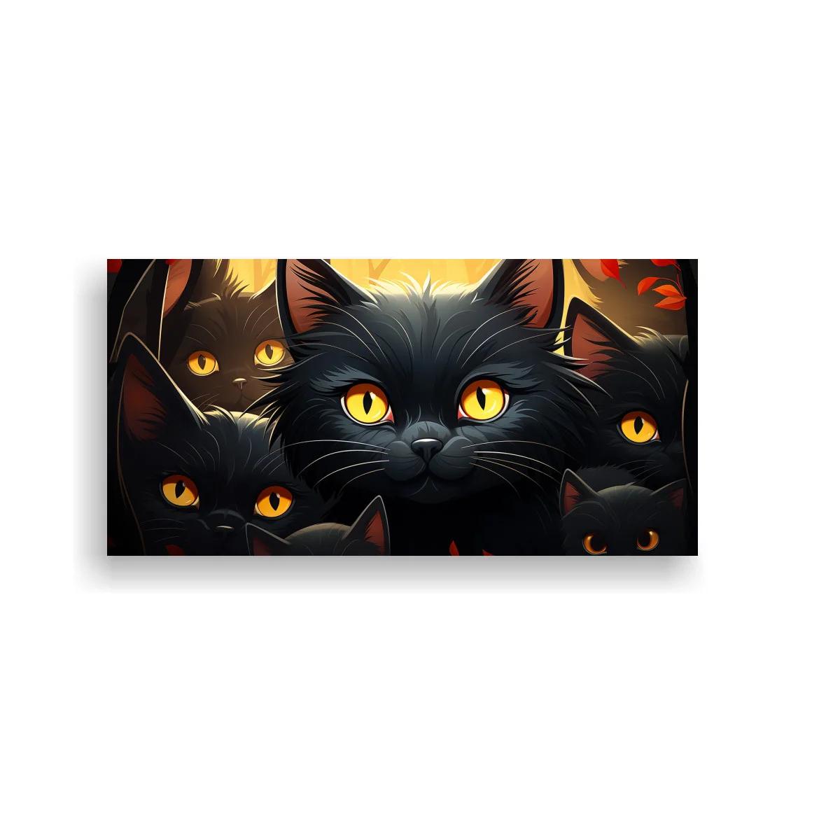 Cuadro gatos negros de ojos amarillos entre sombras