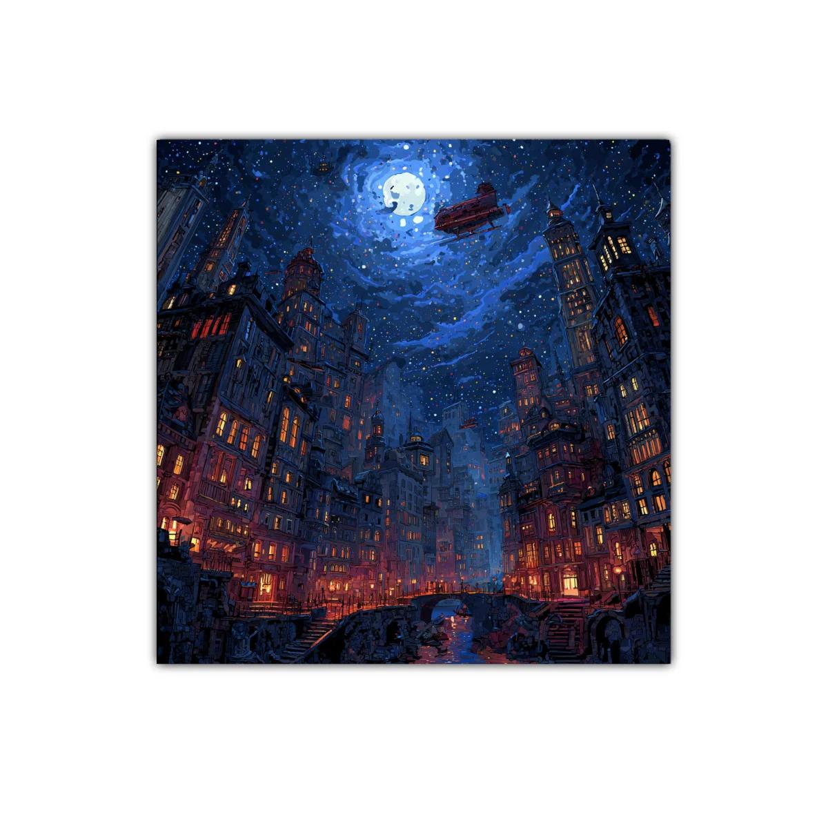 Ciudad nocturna bajo un cielo estrellado y luna llena