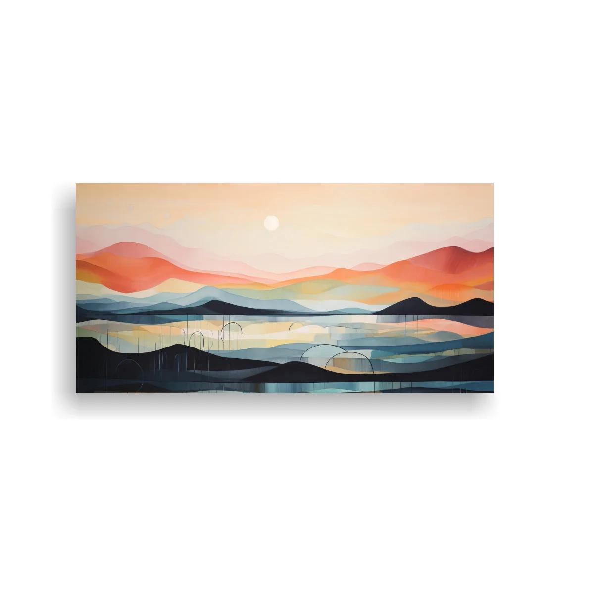 Cuadro paisaje de montañas y lago al atardecer con arcos lineales