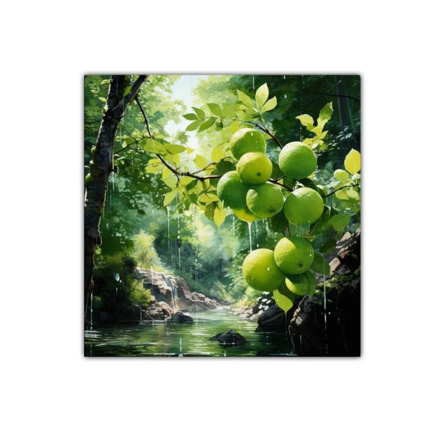Cuadro naturaleza con manzanas verdes en paisaje luminoso