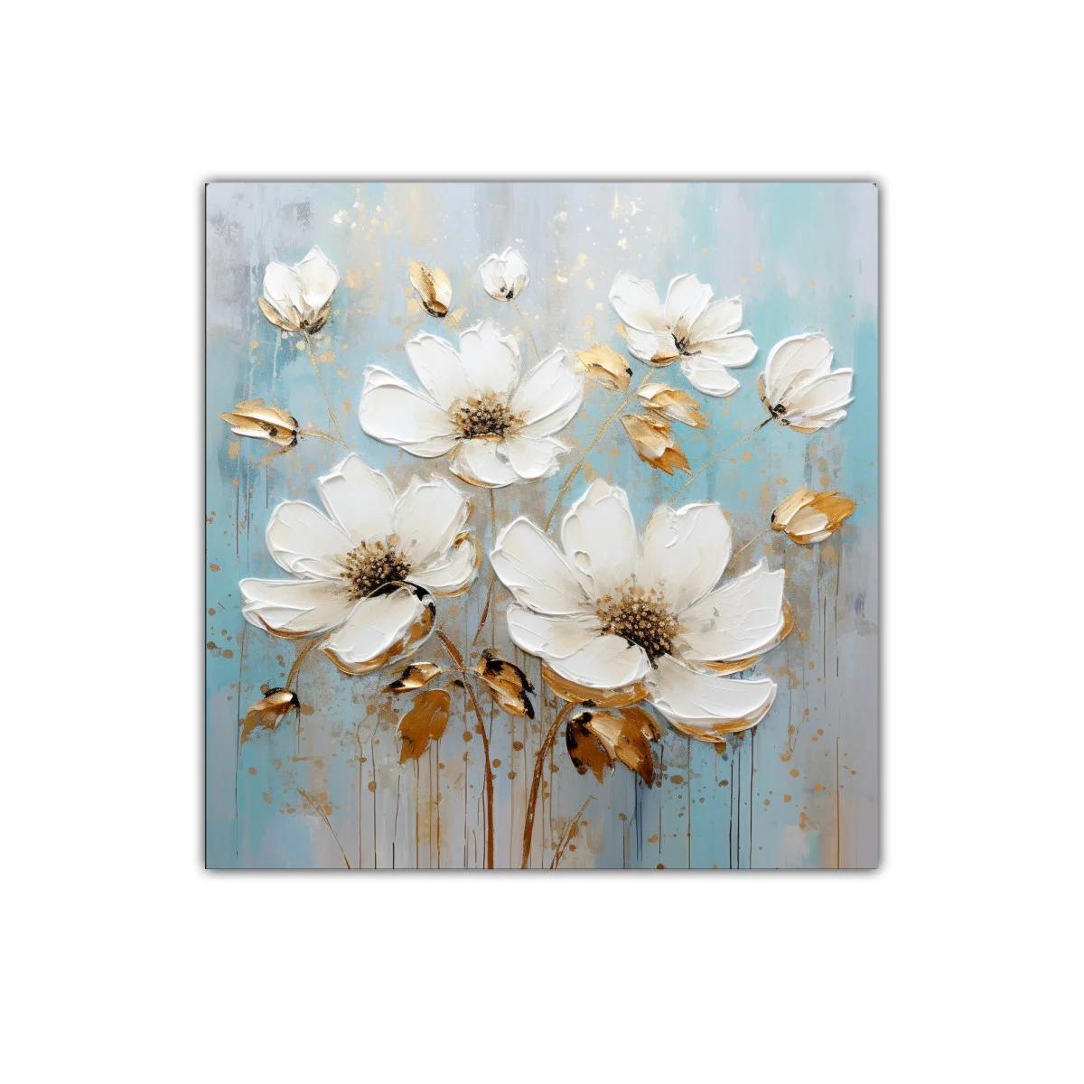 Cuadro floral con flores blancas y detalles dorados