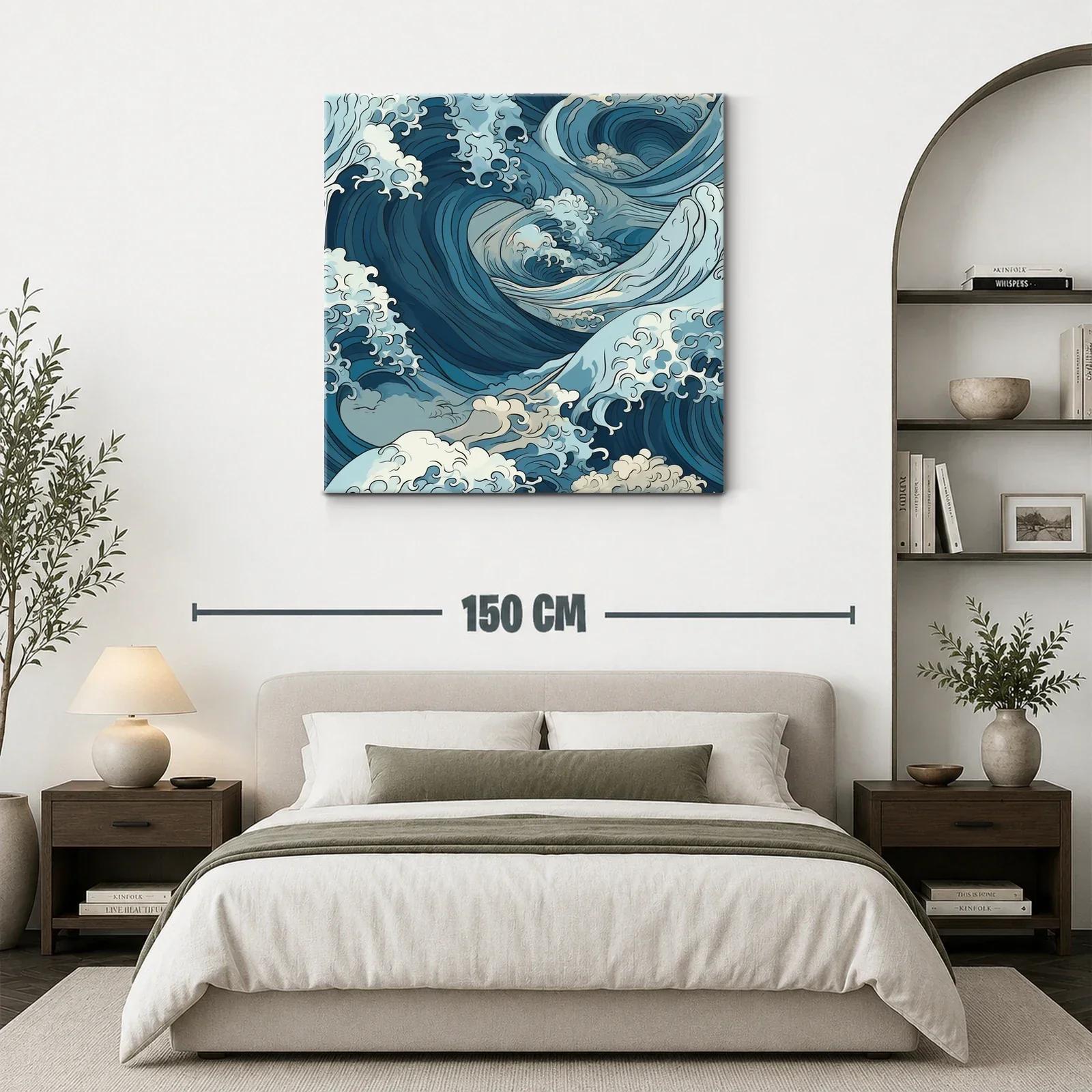 Cuadro de olas dinámicas con tonos azules y crema — miniatura 3