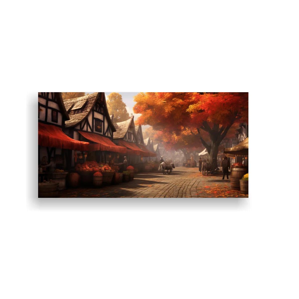 Cuadro calle de pueblo medieval con carro y toldos rojos