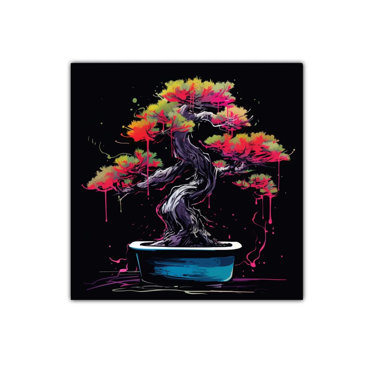 Árbol bonsái vibrante con tonos neón sobre fondo oscuro — imagen principal