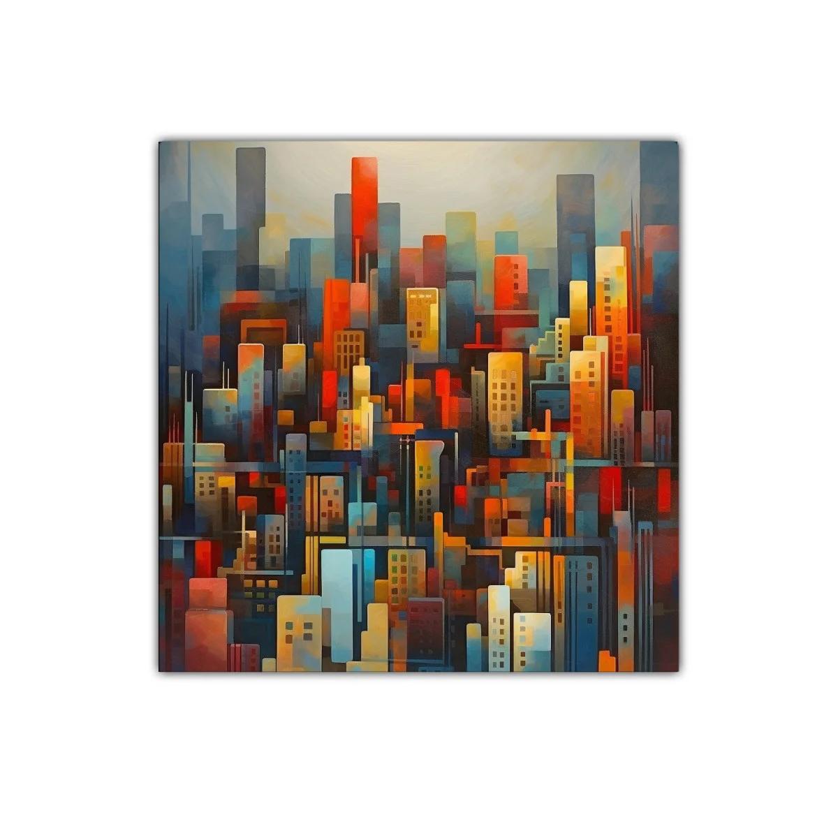 Composición urbana con vibrantes tonos cálidos y fríos