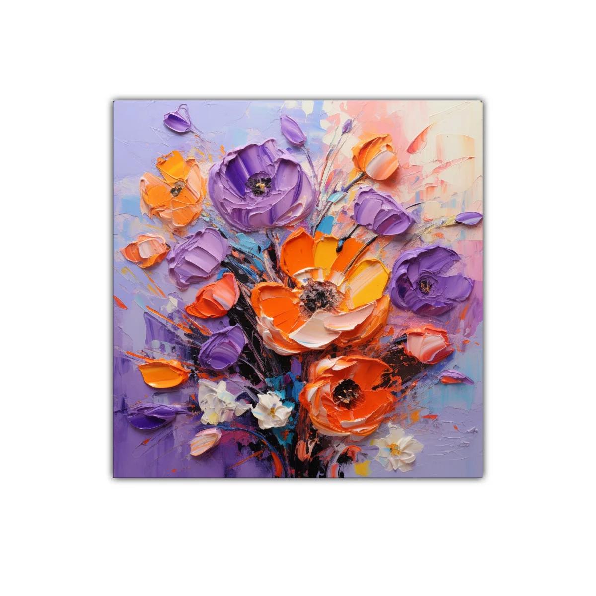 Cuadro floral con vibrantes colores naranjas y violetas
